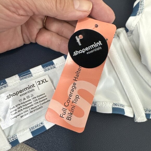 Shapermint Women's Plus 2XL Full Coverage Halter Bikini Swim Top Blue Striped - Picture 7 of 12